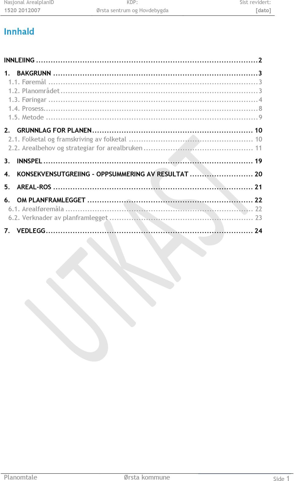 .. 11 3. INNSPEL... 19 4. KONSEKVENSUTGREIING - OPPSUMMERING AV RESULTAT... 20 5. AREAL-ROS... 21 6. OM PLANFRAMLEGGET.