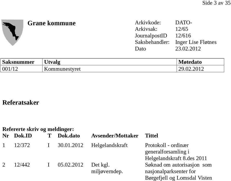 dato Avsender/Mottaker Tittel 1 12/372 I 30.01.2012 Helgelandskraft Protokoll - ordinær generalforsamling i 2 12/442 I 05.02.