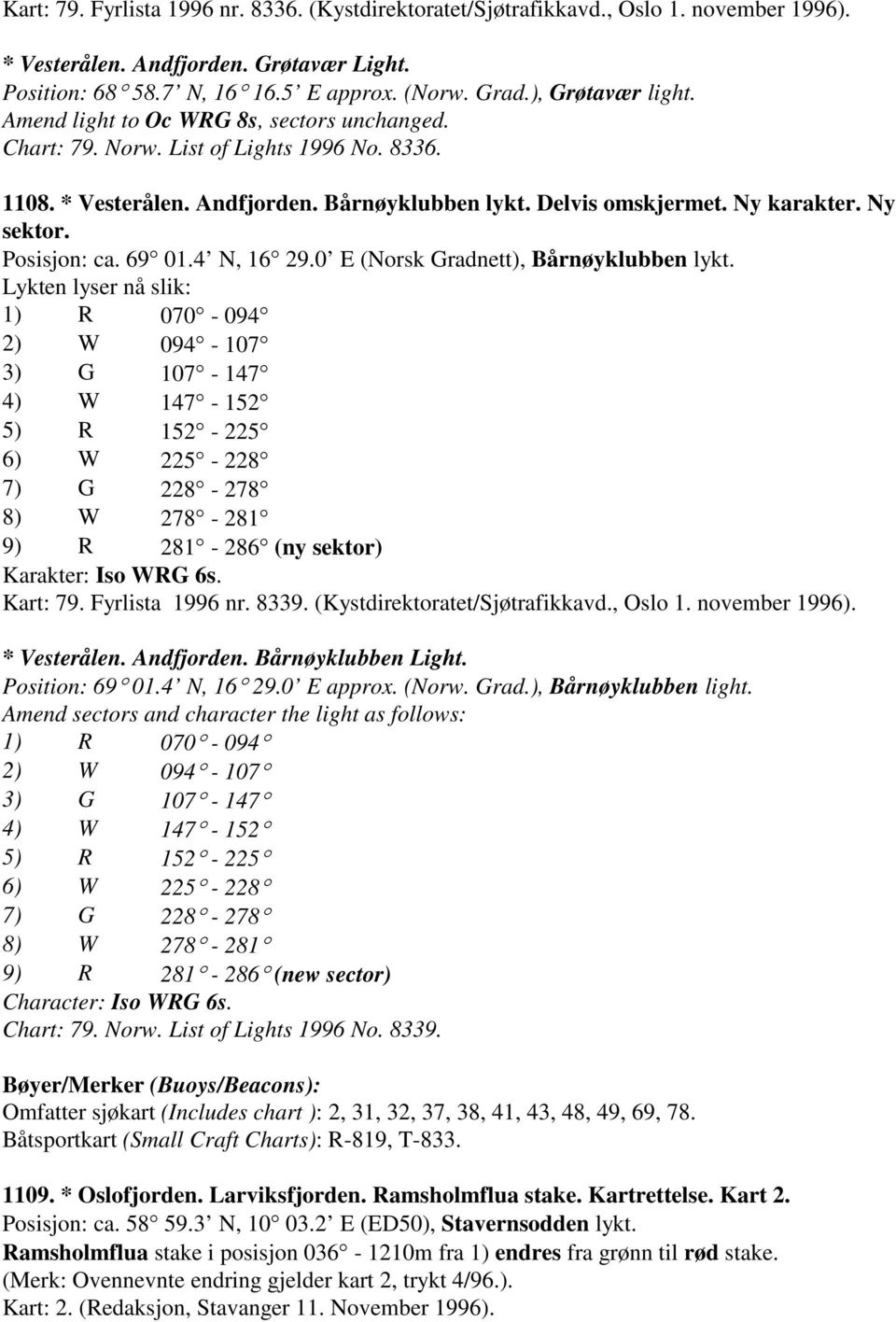 Ny sektor. Posisjon: ca. 69 01.4 N, 16 29.0 E (Norsk Gradnett), Bårnøyklubben lykt.