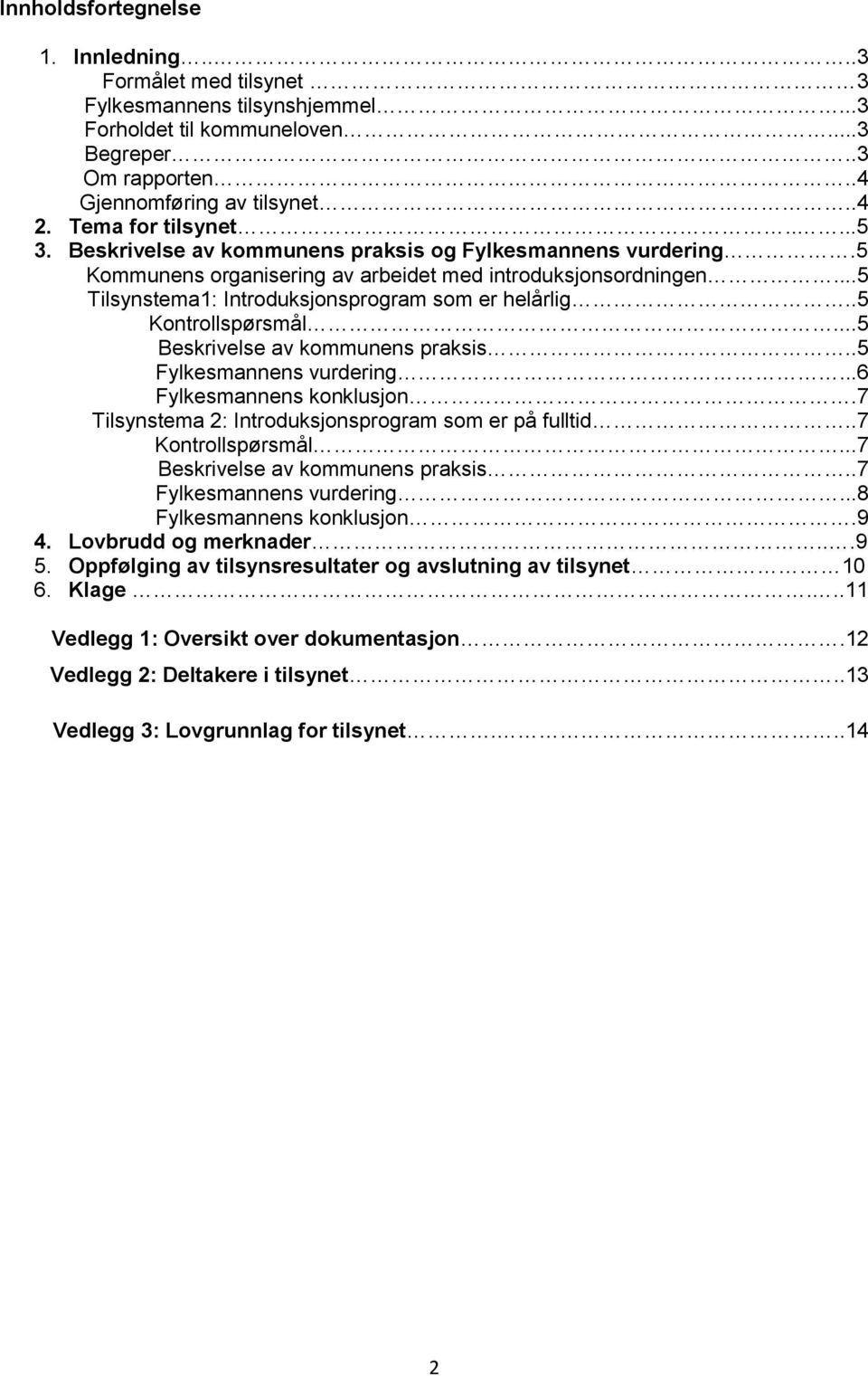 ..5 Tilsynstema1: Introduksjonsprogram som er helårlig..5 Kontrollspørsmål...5 Beskrivelse av kommunens praksis..5 Fylkesmannens vurdering...6 Fylkesmannens konklusjon.