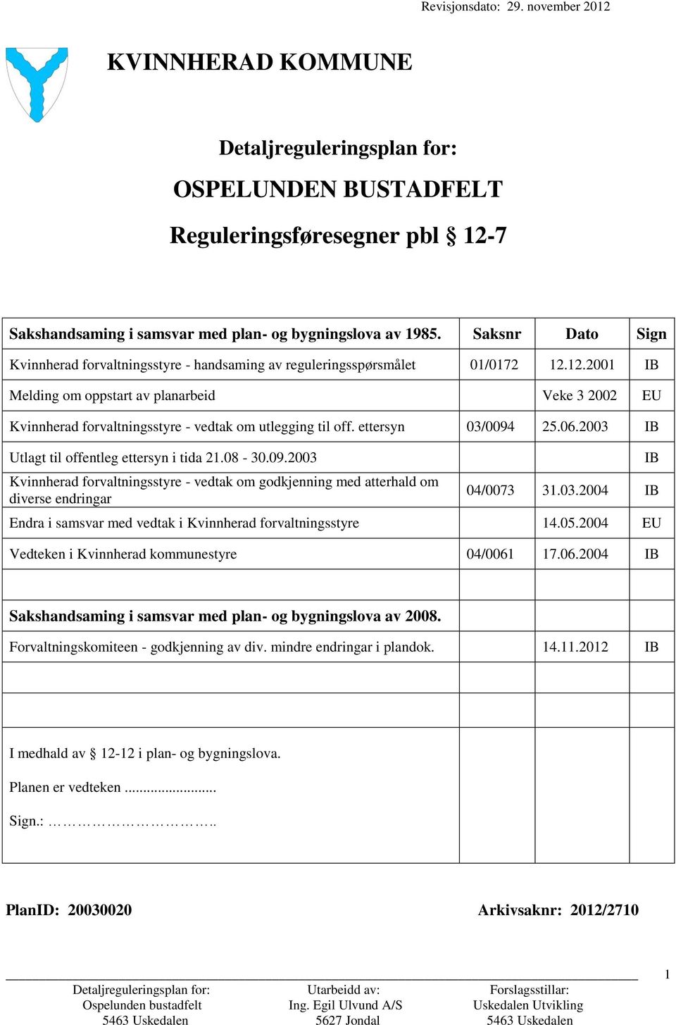 12.2001 IB Melding om oppstart av planarbeid Veke 3 2002 EU Kvinnherad forvaltningsstyre - vedtak om utlegging til off. ettersyn 03/0094