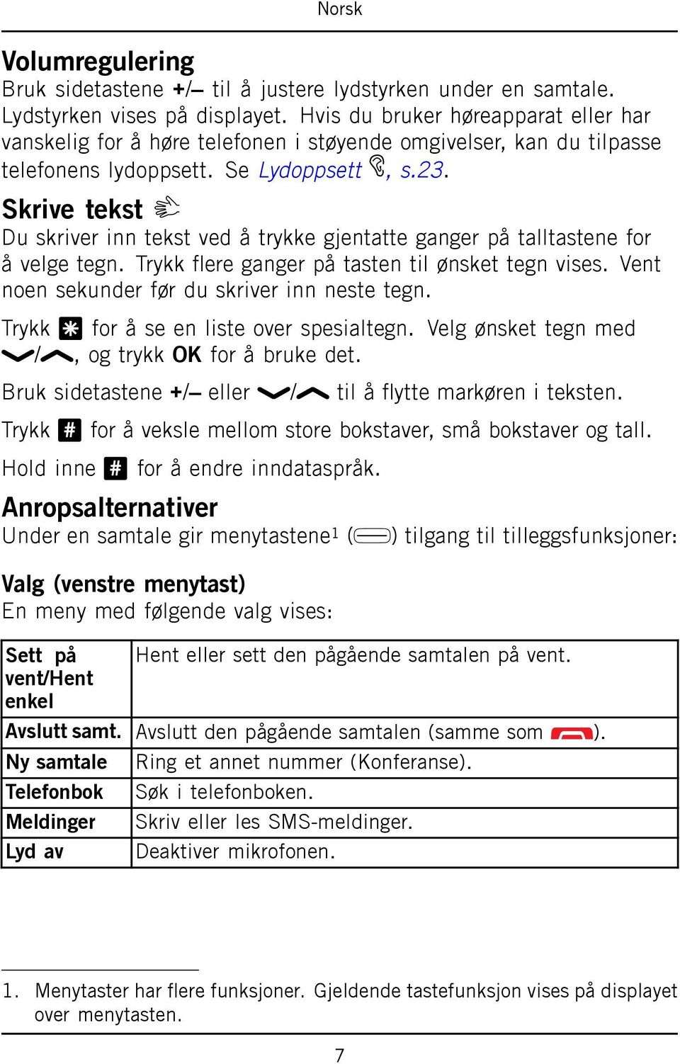 Skrive tekst Du skriver inn tekst ved å trykke gjentatte ganger på talltastene for å velge tegn. Trykk flere ganger på tasten til ønsket tegn vises. Vent noen sekunder før du skriver inn neste tegn.