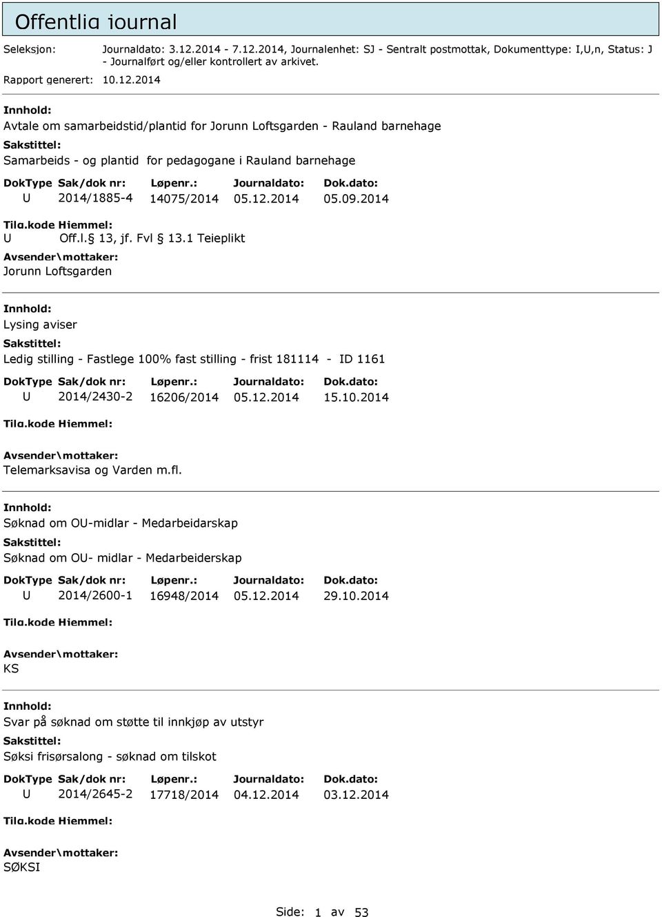 09.2014 Off.l. 13, jf. Fvl 13.1 Teieplikt Jorunn Loftsgarden Lysing aviser Ledig stilling - Fastlege 100% fast stilling - frist 181114 - D 1161 2014/2430-2 16206/2014 15.10.2014 Telemarksavisa og Varden m.