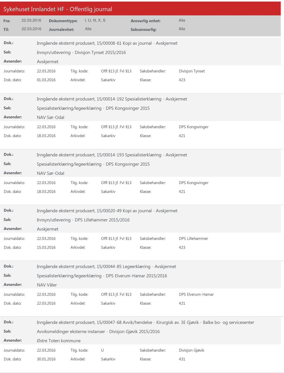 produsert, 15/00014-193 Spesialisterklæring - Spesialisterklæring/legeerklæring - DPS Kongsvinger 2015 NAV Sør-Odal DPS Kongsvinger Inngående eksternt produsert, 15/00020-49 Kopi av journal -