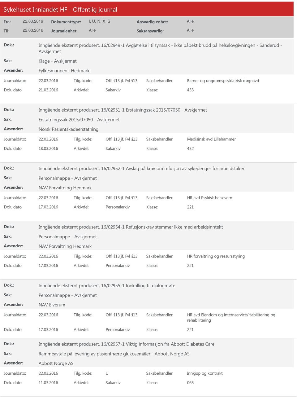 2016 Arkivdel: Sakarkiv 433 Inngående eksternt produsert, 16/02951-1 Erstatningssak 2015/07050 - Erstatningssak 2015/07050 - Norsk Pasientskadeerstatning Medisinsk avd Lillehammer 432 Inngående