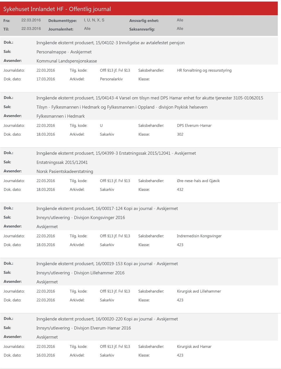 - divisjon Psykisk helsevern Fylkesmannen i Hedmark DPS Elverum-Hamar 302 Inngående eksternt produsert, 15/04399-3 Erstatningssak 2015/12041 - Erstatningssak 2015/12041 Norsk Pasientskadeerstatning