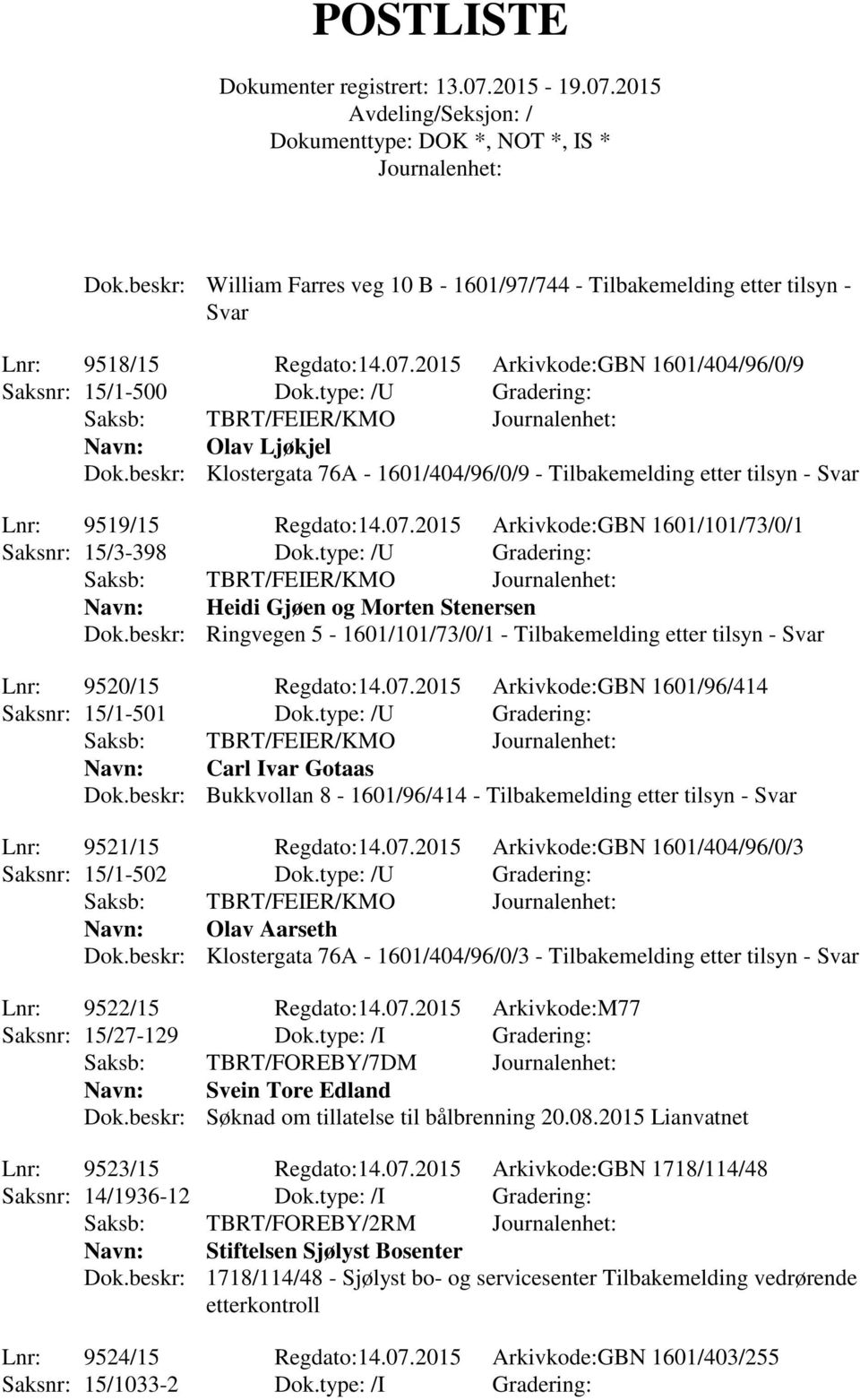 2015 Arkivkode:GBN 1601/101/73/0/1 Saksnr: 15/3-398 Dok.type: /U Gradering: Saksb: TBRT/FEIER/KMO Heidi Gjøen og Morten Stenersen Dok.