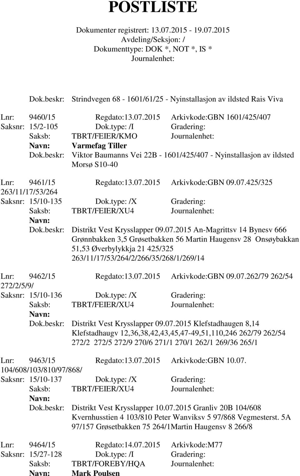 type: /X Gradering: Saksb: TBRT/FEIER/XU4 Dok.beskr: Distrikt Vest Krysslapper 09.07.