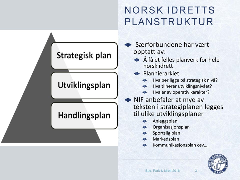 NIF anbefaler at mye av teksten i strategiplanen legges til ulike utviklingsplaner Anleggsplan