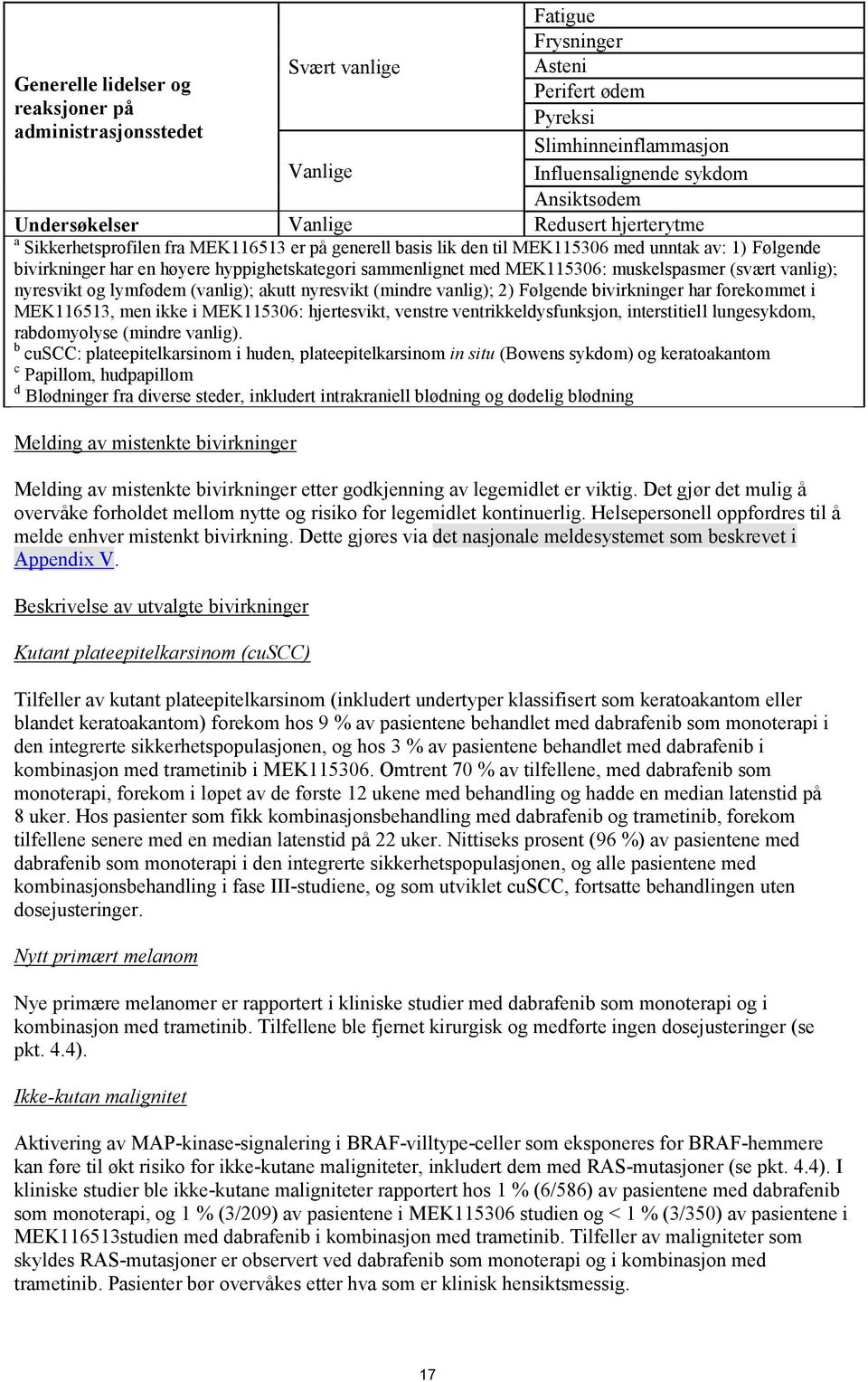 sammenlignet med MEK115306: muskelspasmer (svært vanlig); nyresvikt og lymfødem (vanlig); akutt nyresvikt (mindre vanlig); 2) Følgende bivirkninger har forekommet i MEK116513, men ikke i MEK115306: