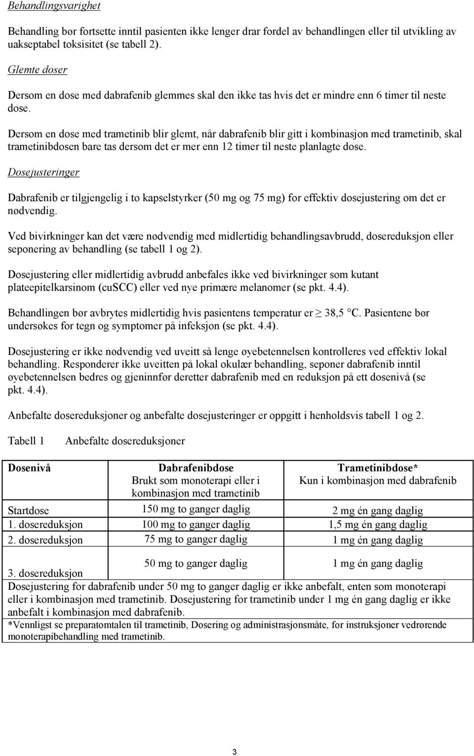 Dersom en dose med trametinib blir glemt, når dabrafenib blir gitt i kombinasjon med trametinib, skal trametinibdosen bare tas dersom det er mer enn 12 timer til neste planlagte dose.