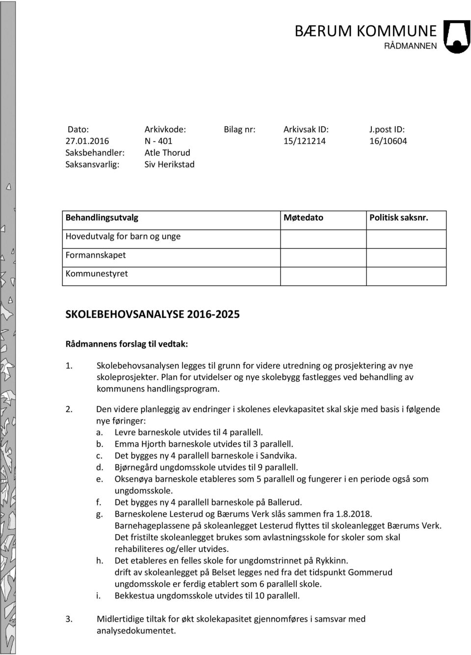 Hovedutvalg for barn og unge Formannskapet Kommunestyret SKOLEBEHOVSANALYSE 2016-2025 Rådmannens forslag til vedtak: 1.