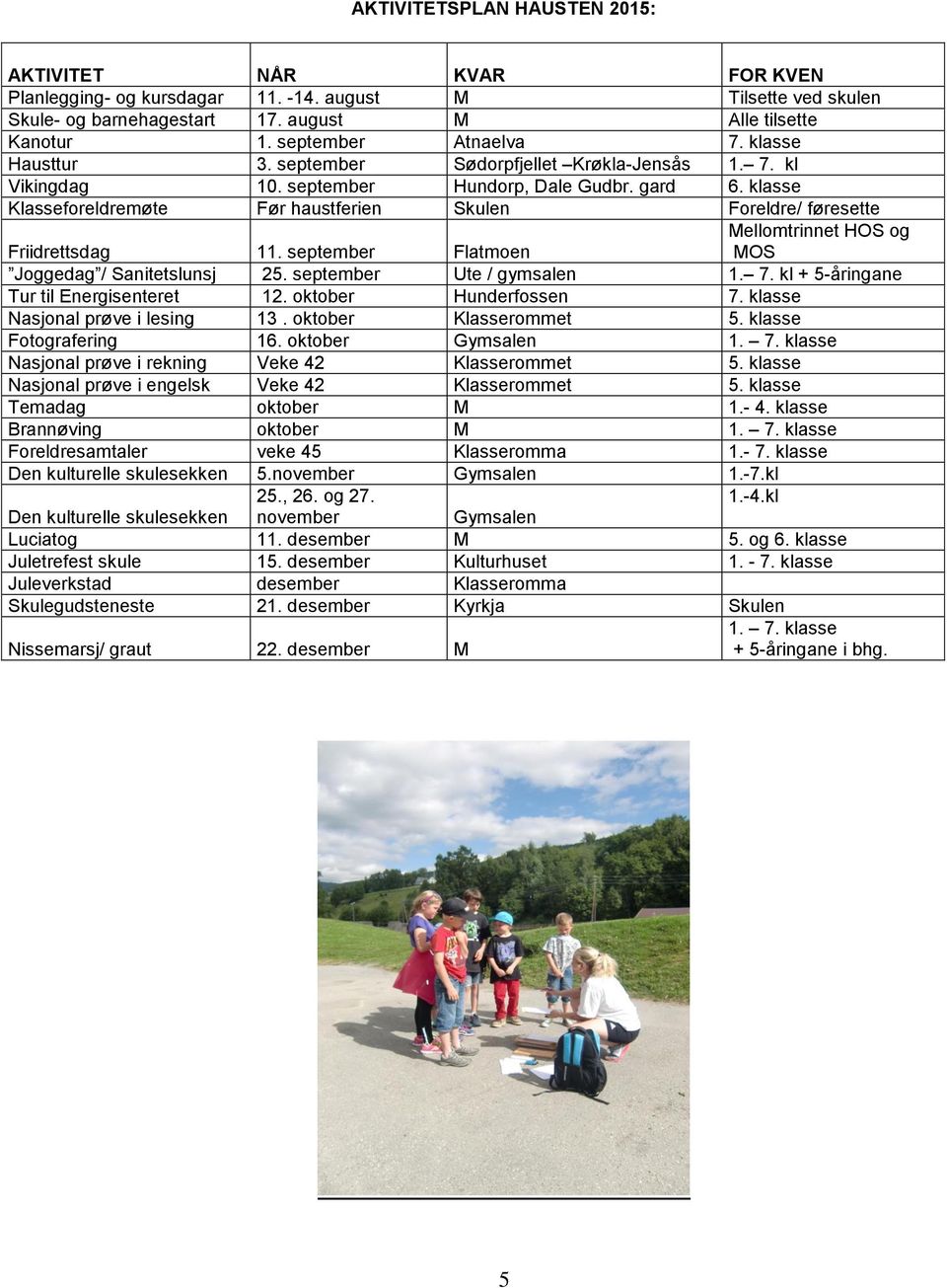 klasse Klasseforeldremøte Før haustferien Skulen Foreldre/ føresette Mellomtrinnet HOS og MOS Friidrettsdag 11. september Flatmoen Joggedag / Sanitetslunsj 25. september Ute / gymsalen 1. 7.