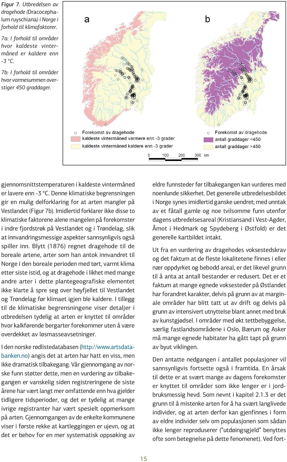 Denne klimatiske begrensningen gir en mulig delforklaring for at arten mangler på Vestlandet (Figur 7b).