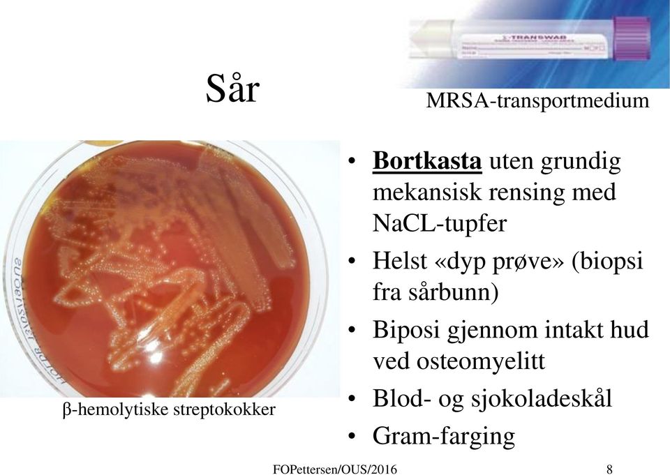 prøve» (biopsi fra sårbunn) Biposi gjennom intakt hud ved