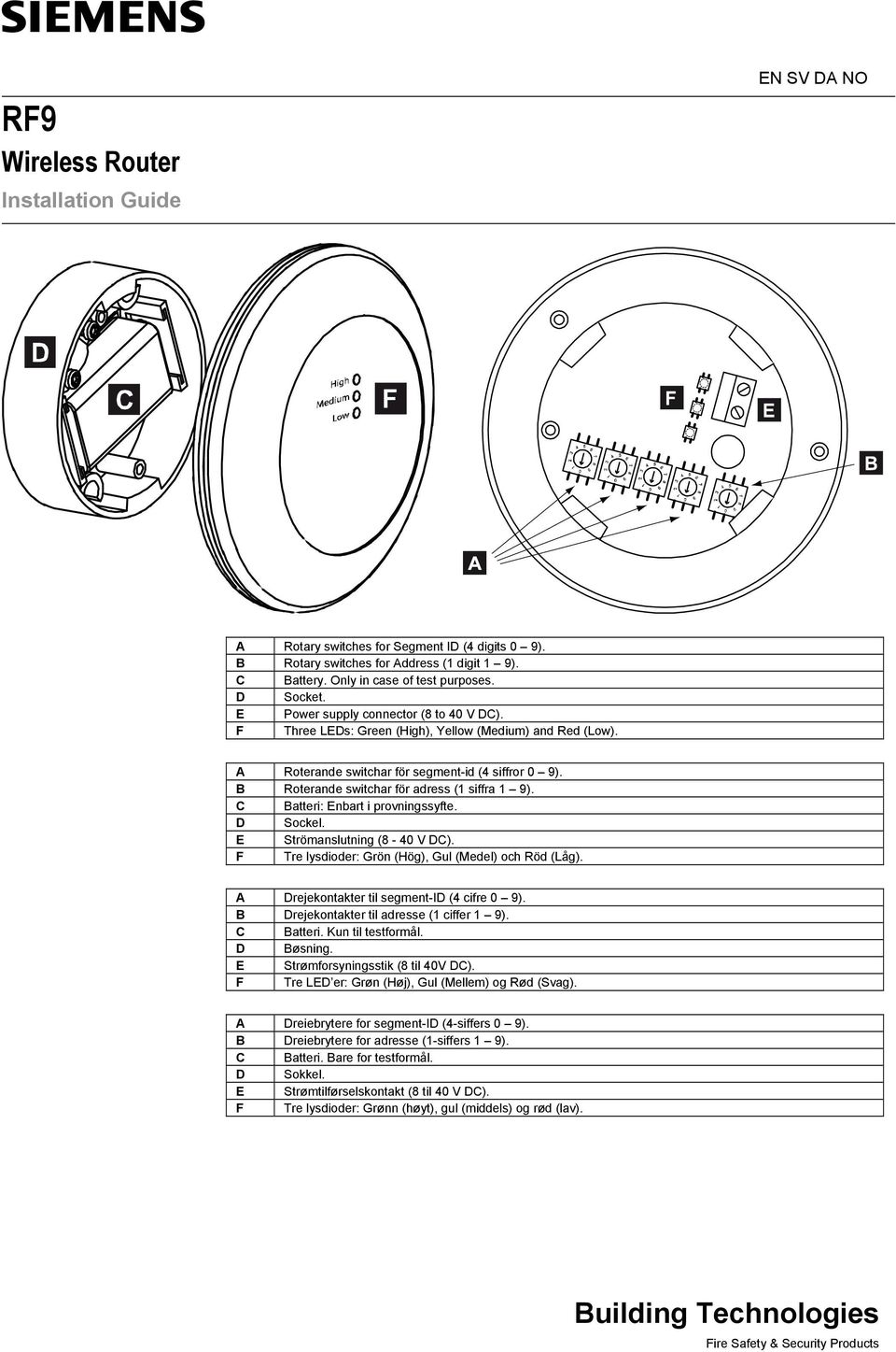 C Batteri: Enbart i provningssyfte. D Sockel. E Strömanslutning (8-40 V DC). F Tre lysdioder: Grön (Hög), Gul (Medel) och Röd (Låg). A Drejekontakter til segment-id (4 cifre 0 9).