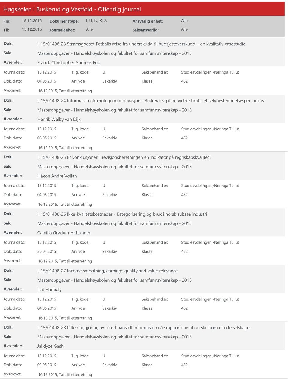 2015 Arkivdel: Sakarkiv 4 I, 15/01408-25 Er konklusjonen i revisjonsberetningen en indikator på regnskapskvalitet? Håkon Andre Vollan Dok. dato: 04.05.