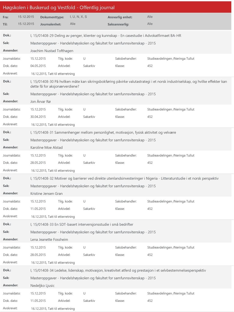 Jon Årvar Rø Dok. dato: 30.04.2015 Arkivdel: Sakarkiv 4 I, 15/01408-31 Sammenhenger mellom personlighet, motivasjon, fysisk aktivitet og velvære Karoline Moe Alstad Dok. dato: 28.05.