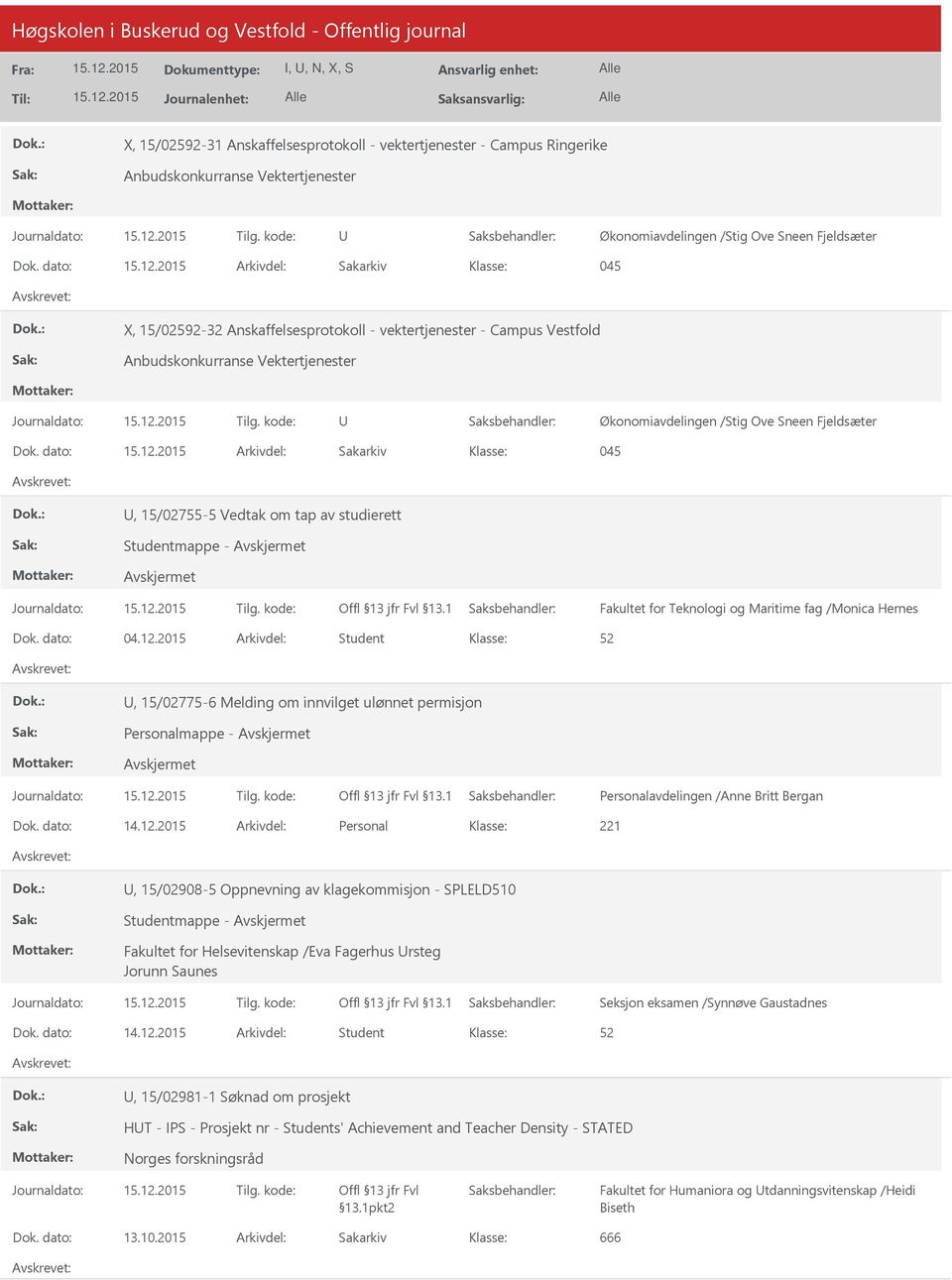 dato: Arkivdel: Sakarkiv 045, 15/02755-5 Vedtak om tap av studierett Studentmappe - Fakultet for Teknologi og Maritime fag /Monica Hernes Dok. dato: 04.12.