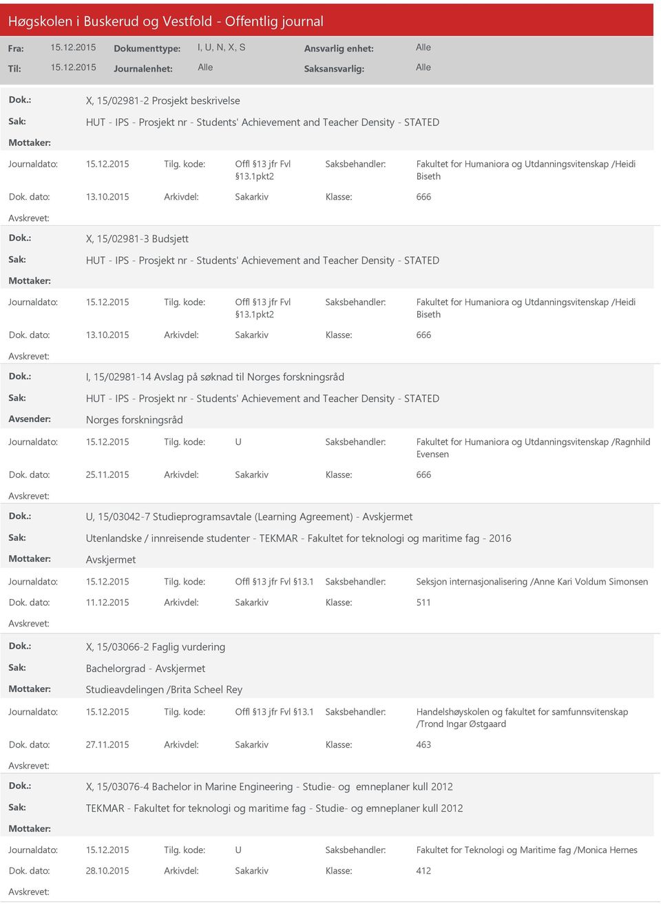 2015 Arkivdel: Sakarkiv 666 X, 15/02981-3 Budsjett HT - IPS - Prosjekt nr - Students' Achievement and Teacher Density - STATED Offl 13 jfr Fvl 13.