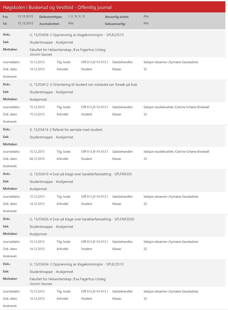 dato: Arkivdel: Student X, 15/03414-2 Referat fra samtale med student Studentmappe - Seksjon studiekvalitet /Catrine Schøne Brodwall Dok. dato: 04.12.