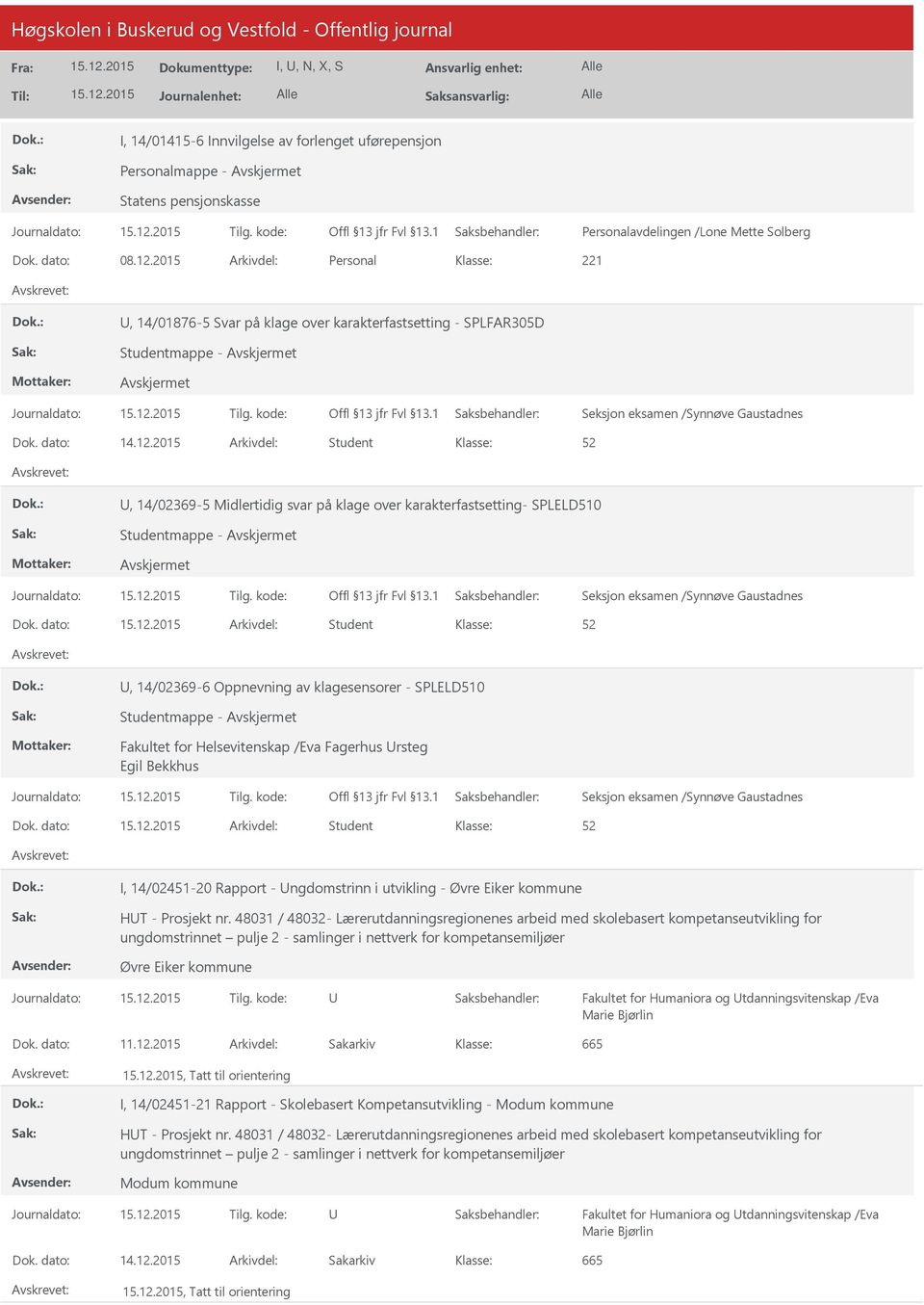 dato: Arkivdel: Student, 14/02369-6 Oppnevning av klagesensorer - SPLELD510 Studentmappe - Fakultet for Helsevitenskap /Eva Fagerhus rsteg Egil Bekkhus Dok.