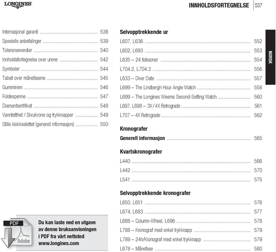 .. 550 Du kan laste ned en utgave av denne bruksanvisningen i PDF fra vårt nettsted www.longines.com Selvopptrekkende ur L607, L636... 552 L602, L693... 553 L635 24 tidssoner... 554 L704.2, L704.3... 556 L633 Diver Date.