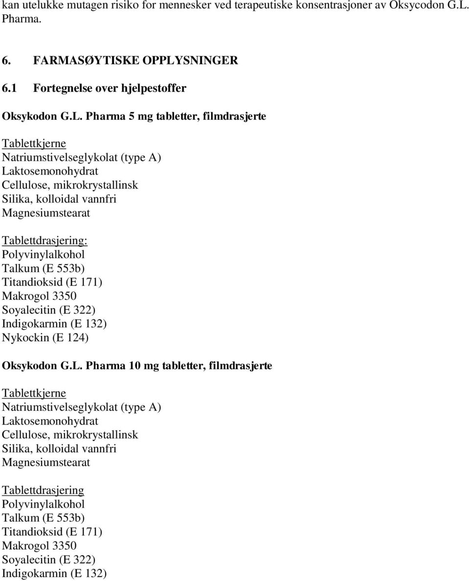 SNINGER 6.1 Fortegnelse over hjelpestoffer Oksykodon G.L.