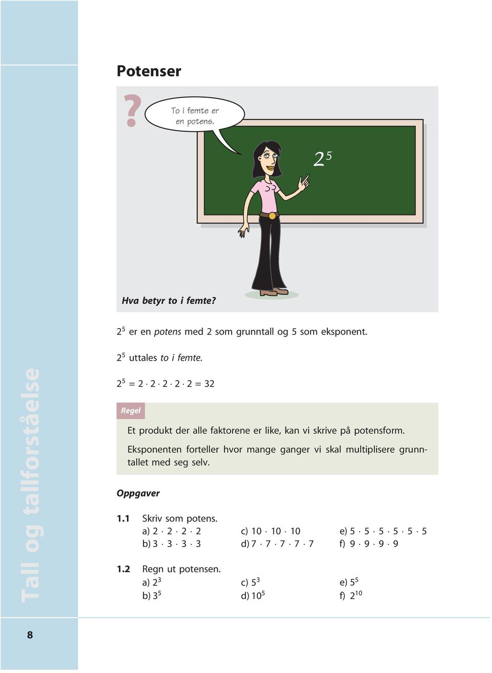 Tall og tallforståelse 2 5 =2 2 2 2 2=32 Regel Et produkt der alle faktorene er like, kan vi skrive på potensform.