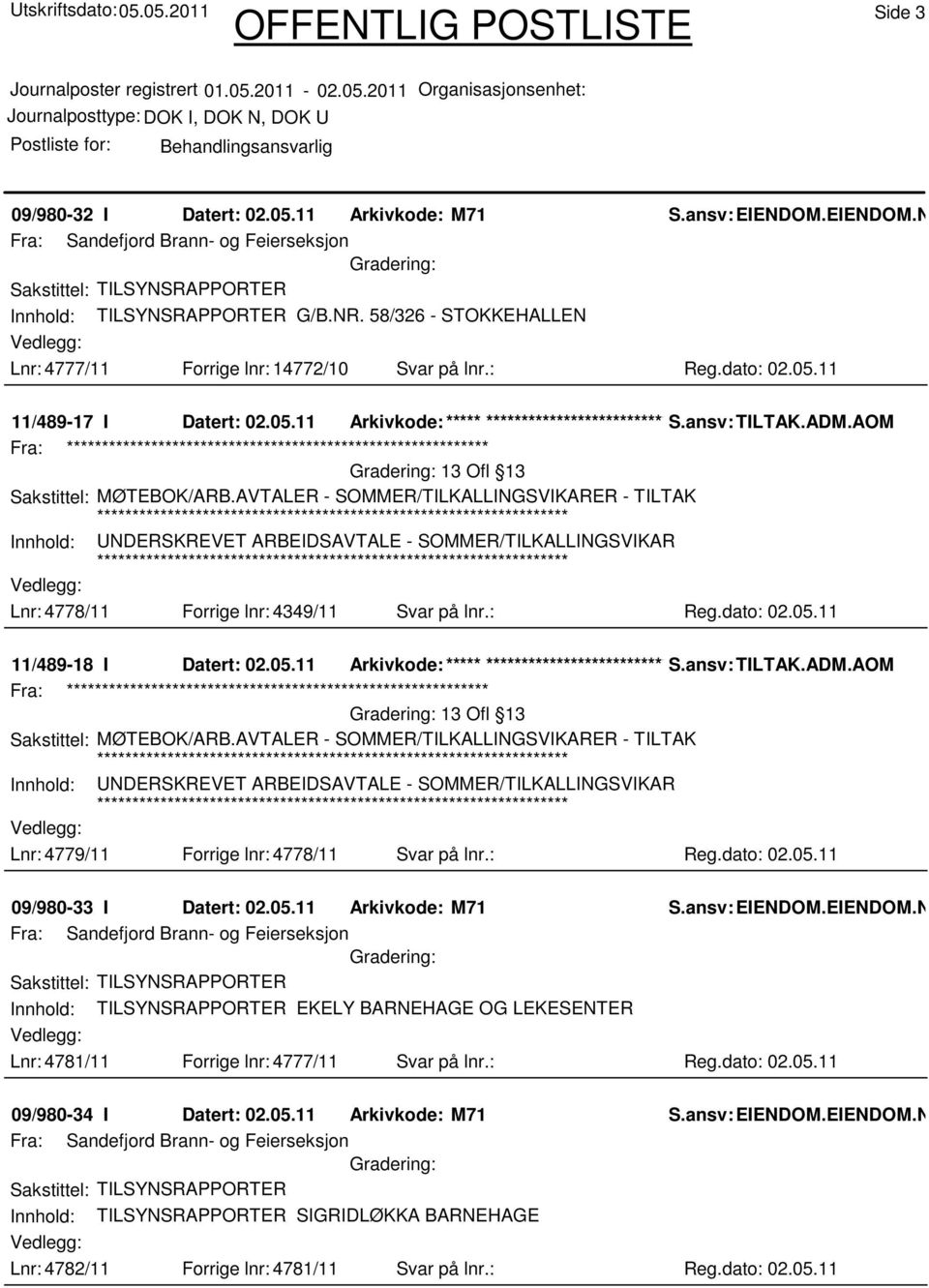 AOM Sakstittel: MØTEBOK/ARB.AVTALER - SOMMER/TILKALLINGSVIKARER - TILTAK Innhold: UNDERSKREVET ARBEIDSAVTALE - SOMMER/TILKALLINGSVIKAR Lnr: 4778/11 Forrige lnr: 4349/11 Svar på lnr.: Reg.dato: 02.05.