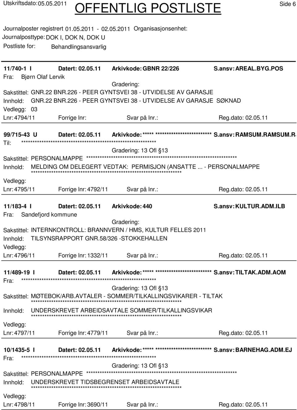 11 99/715-43 U Datert: 02.05.11 Arkivkode:***** ****************************** S.ansv: RAMSUM.