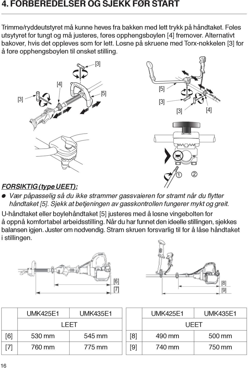 [3] [3] [4] [5] [5] [3] [3] [4] FORSIKTIG (type UEET): Vær påpasselig så du ikke strammer gassvaieren for stramt når du flytter håndtaket [5].