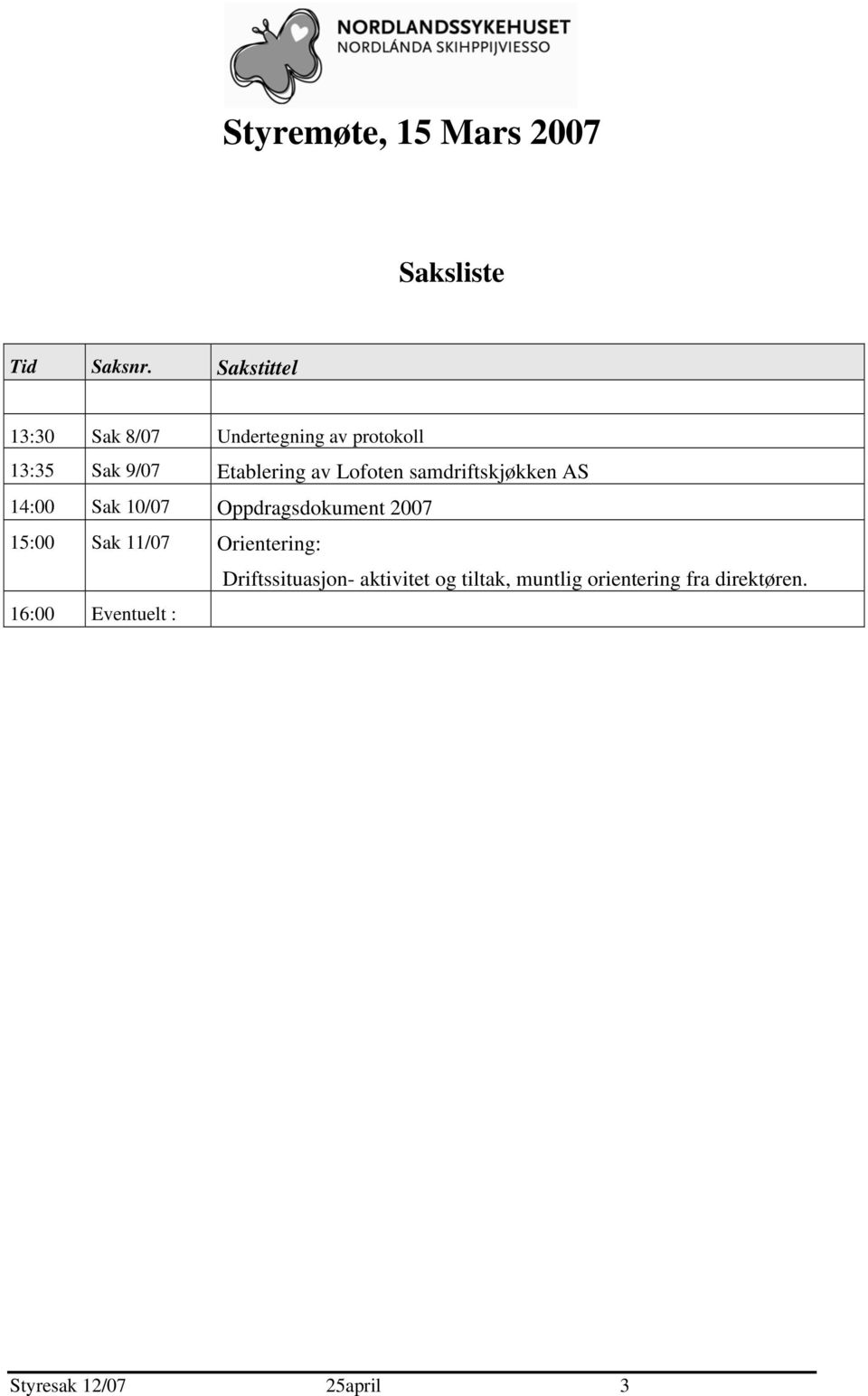 Lofoten samdriftskjøkken AS 14:00 Sak 10/07 Oppdragsdokument 2007 15:00 Sak 11/07