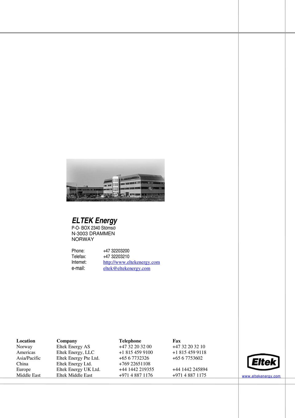 com Location Company Telephone Fax Norway Eltek Energy AS +47 32 20 32 00 +47 32 20 32 10 Americas Eltek Energy, LLC +1 815 459 9100 +1