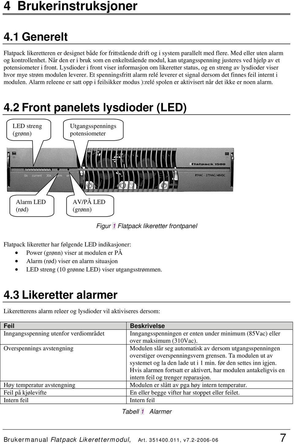 Lysdioder i front viser informasjon om likeretter status, og en streng av lysdioder viser hvor mye strøm modulen leverer.