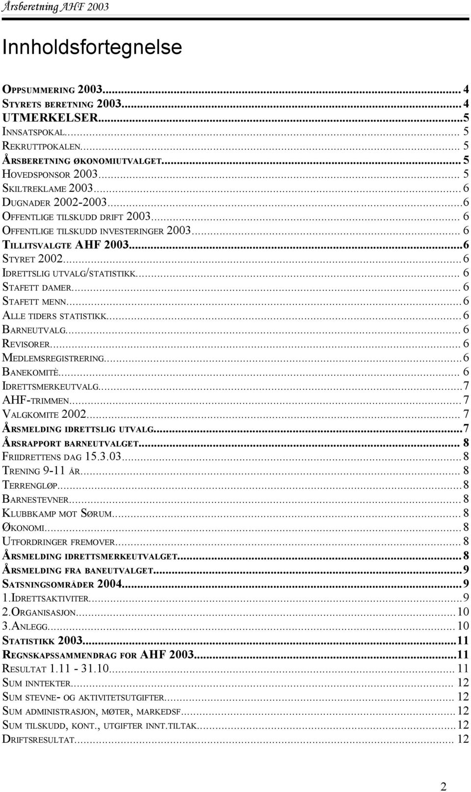 ..6 ALLE TIDERS STATISTIKK...6 BARNEUTVALG... 6 REVISORER... 6 MEDLEMSREGISTRERING...6 BANEKOMITÈ... 6 IDRETTSMERKEUTVALG...7 AHF-TRIMMEN...7 VALGKOMITE 2002... 7 ÅRSMELDING IDRETTSLIG UTVALG.