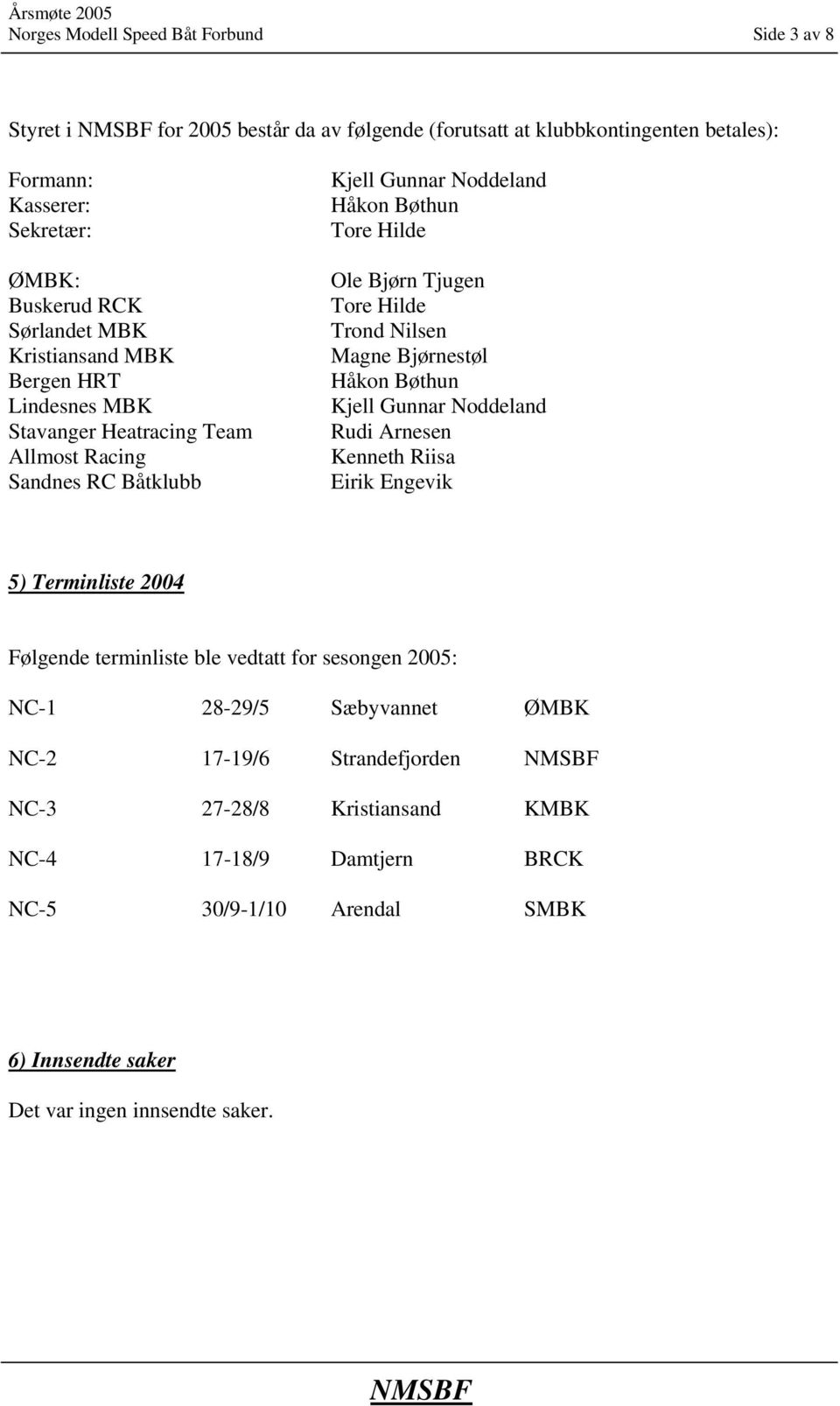 Trond Nilsen Magne Bjørnestøl Håkon Bøthun Kjell Gunnar Noddeland Rudi Arnesen Kenneth Riisa Eirik Engevik 5) Terminliste 2004 Følgende terminliste ble vedtatt for sesongen 2005: NC-1