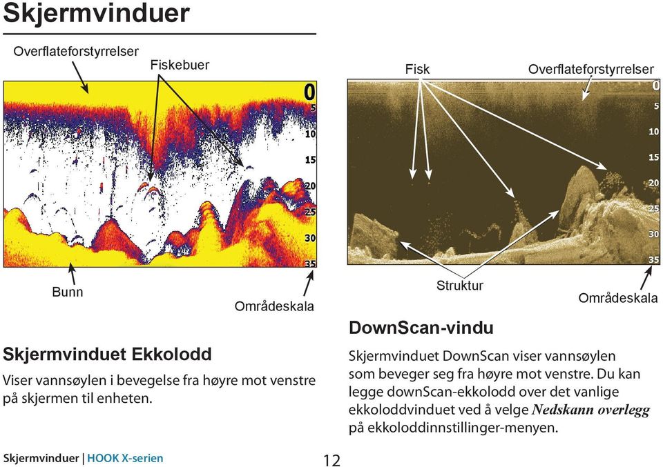 Struktur DownScan-vindu Områdeskala Skjermvinduet DownScan viser vannsøylen som beveger seg fra høyre mot venstre.