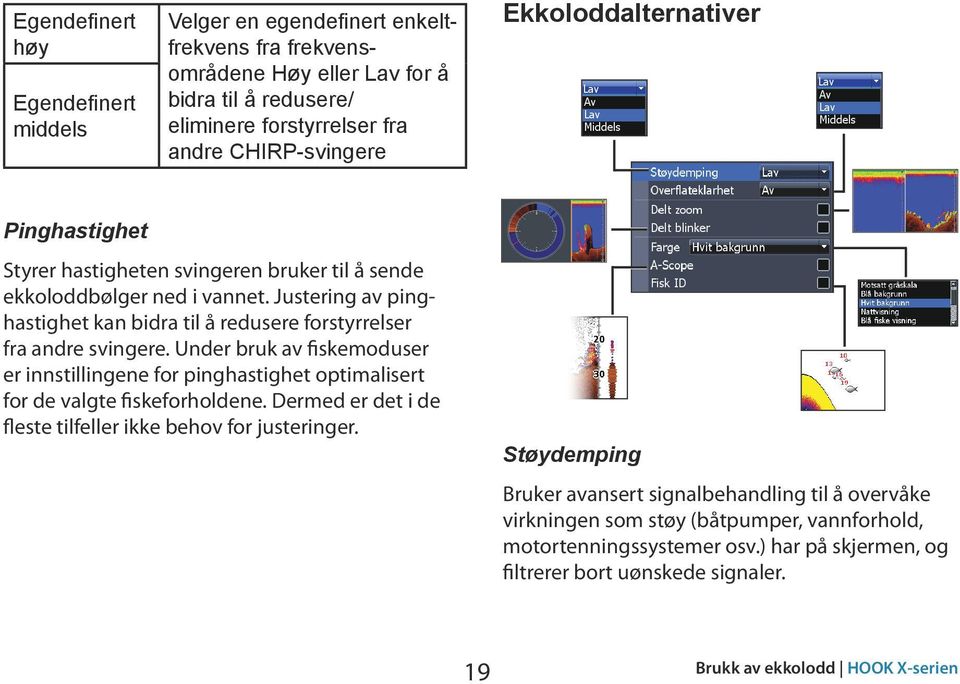 Justering av pinghastighet kan bidra til å redusere forstyrrelser fra andre svingere. Under bruk av fiskemoduser er innstillingene for pinghastighet optimalisert for de valgte fiskeforholdene.