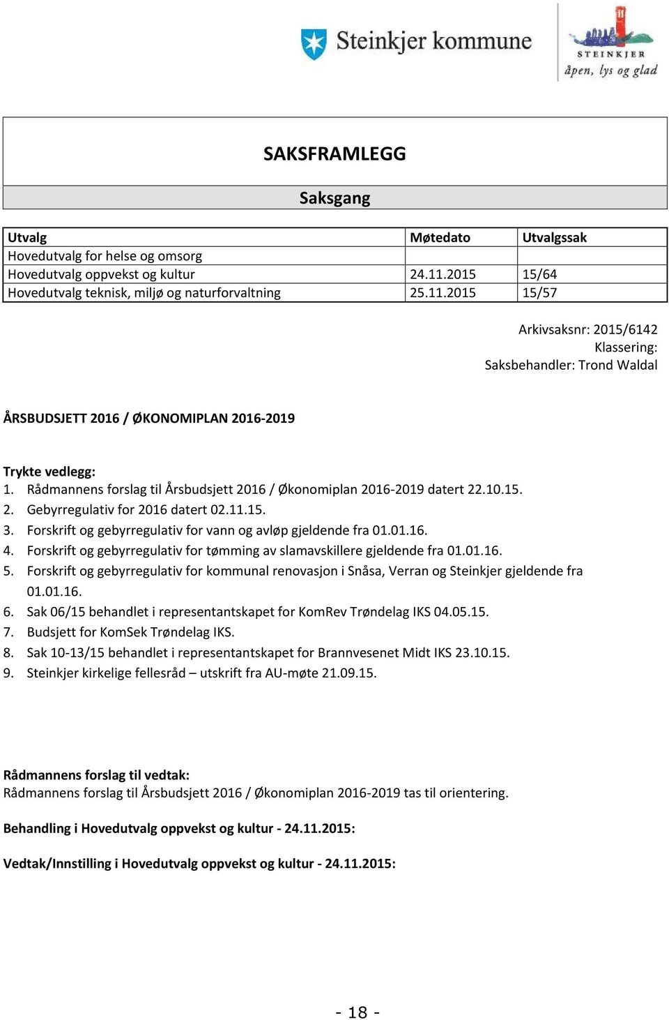 Rådmannens forslag til Årsbudsjett 2016 / Økonomiplan 2016-2019 datert 22.10.15. 2. Gebyrregulativ for 2016 datert 02.11.15. 3. Forsift og gebyrregulativ for vann og avløp gjeldende fra 01.01.16. 4.