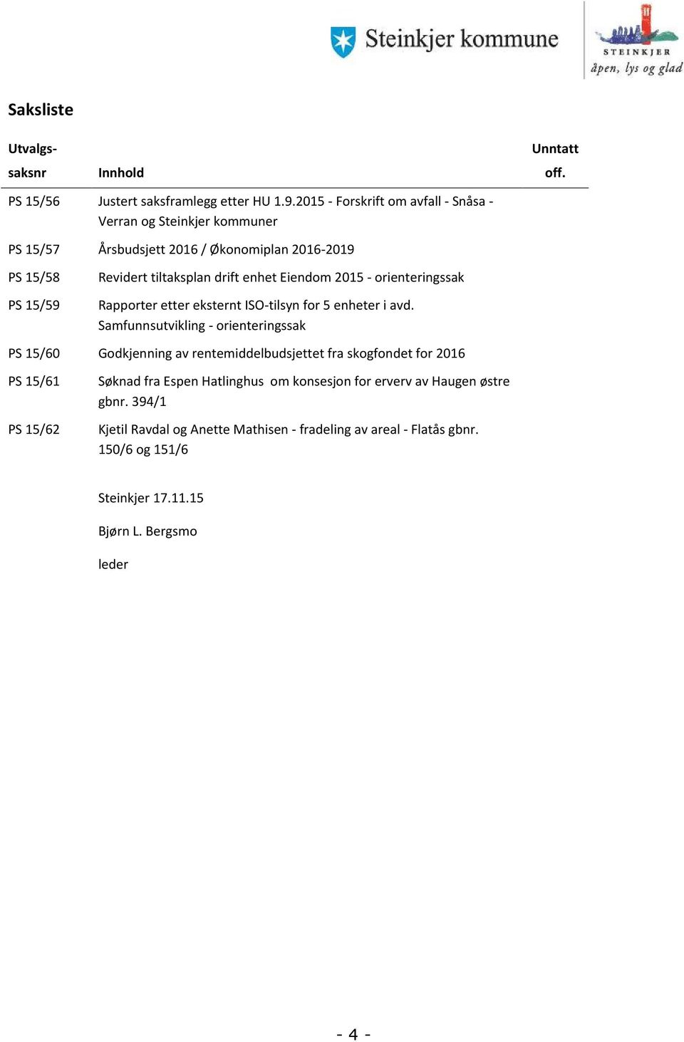 Eiendom 2015 - orienteringssak Rapporter etter eksternt ISO-tilsyn for 5 enheter i avd.