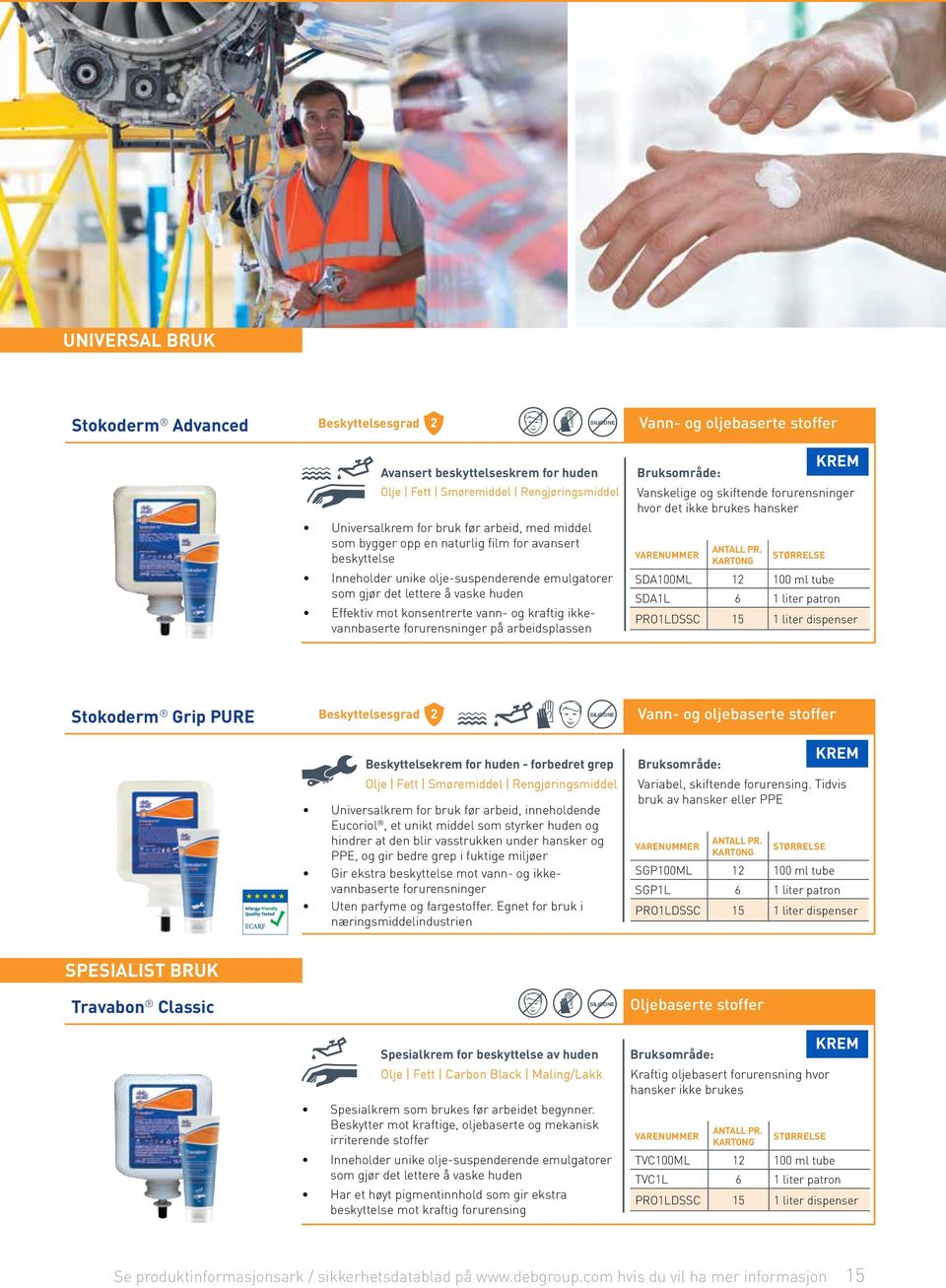 ikkevannbaserte forurensninger på arbeidsplassen KREM Vanskelige og skiftende forurensninger hvor det ikke brukes hansker SDA100ML 12 100 ml tube SDA1L 6 1 liter patron PRO1LDSSC 15 1 liter dispenser