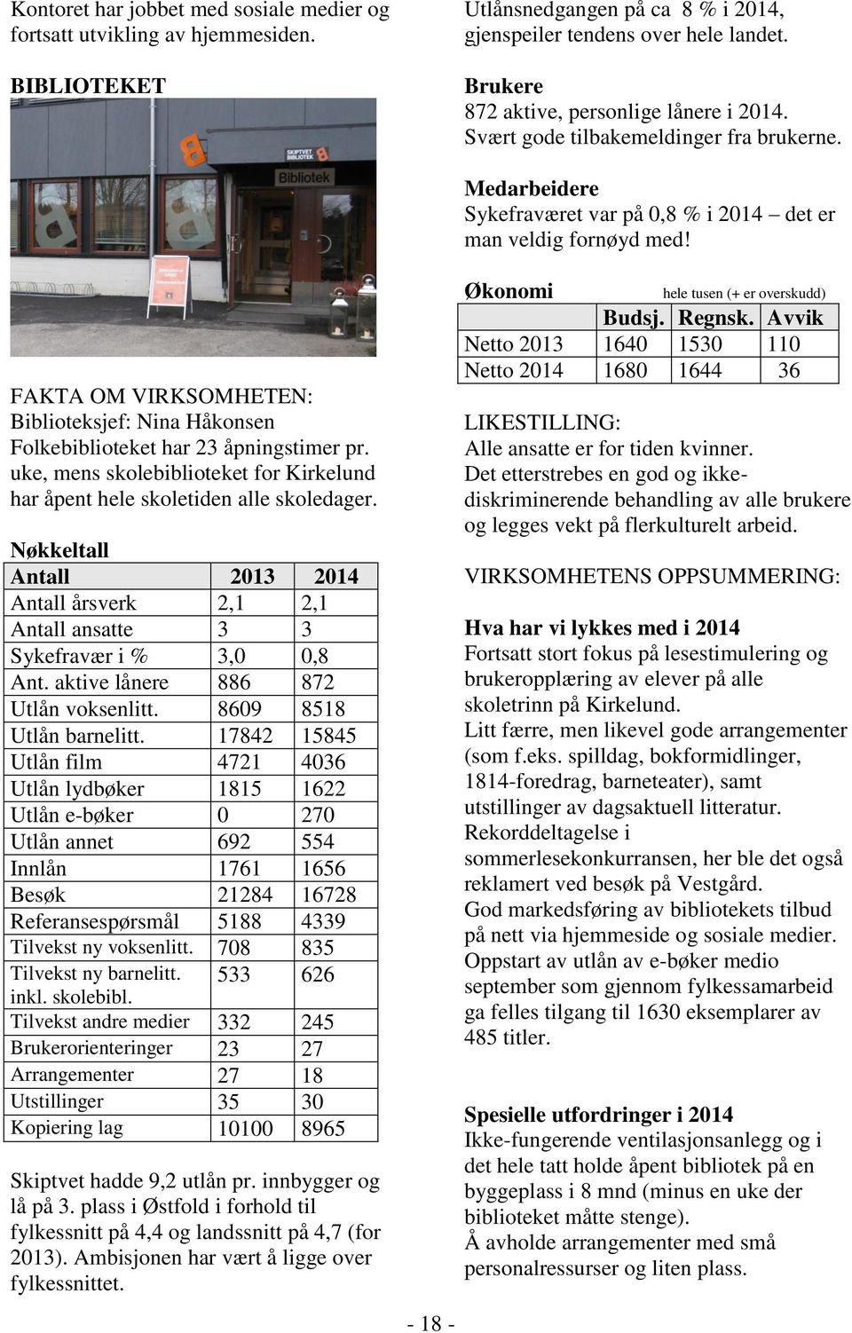 FAKTA OM VIRKSOMHETEN: Biblioteksjef: Nina Håkonsen Folkebiblioteket har 23 åpningstimer pr. uke, mens skolebiblioteket for Kirkelund har åpent hele skoletiden alle skoledager.