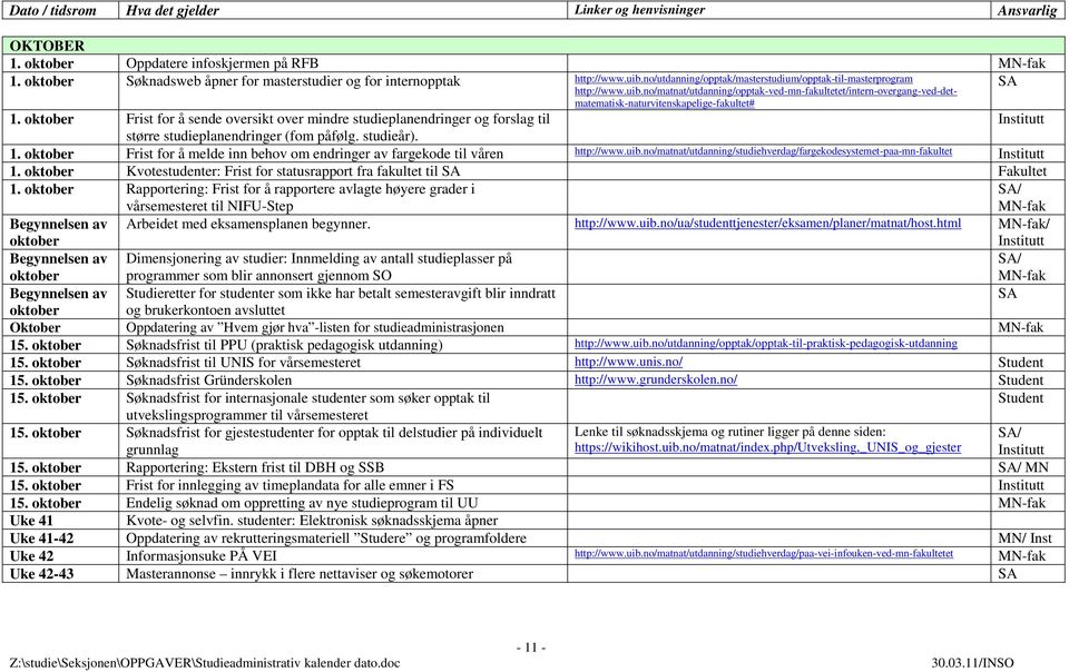 oktober Frist for å sende oversikt over mindre studieplanendringer og forslag til større studieplanendringer (fom påfølg. studieår). 1.