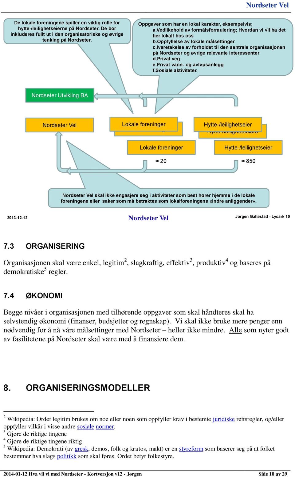 ivaretakelse av forholdet til den sentrale organisasjonen på Nordseter og øvrige relevante interessenter d.privat veg e.privat vann- og avløpsanlegg f.sosiale aktiviteter.