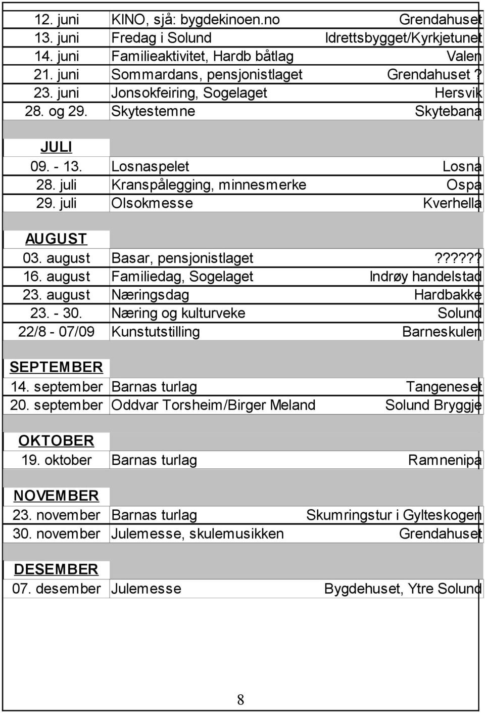 august Basar, pensjonistlaget?????? 16. august Familiedag, Sogelaget Indrøy handelstad 23. august Næringsdag Hardbakke 23. - 30.