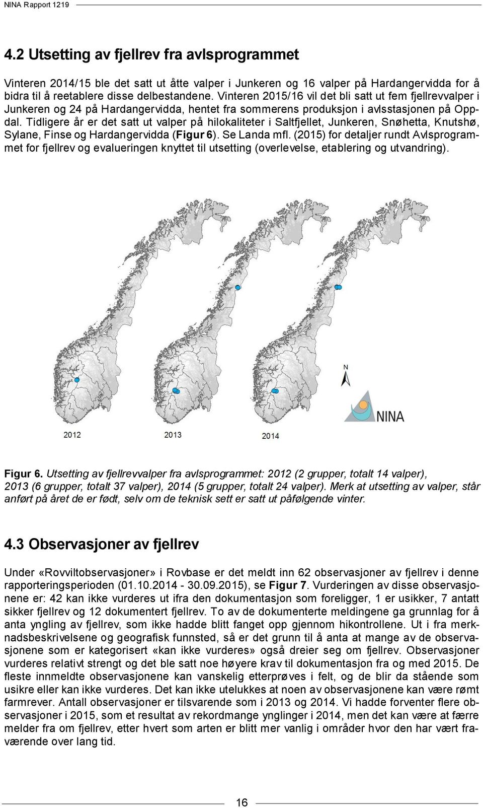 Tidligere år er det satt ut valper på hilokaliteter i Saltfjellet, Junkeren, Snøhetta, Knutshø, Sylane, Finse og Hardangervidda (Figur 6). Se Landa mfl.