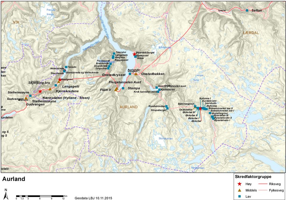 Onstadkrysset Flenjatunnelen Aust Skjerdalsberget Gjelajuvet Voldå Onstadbakken Vassbygdtunnelen Belle aust Kjelhelleren Krok tunnelen nord Stampa AURLAND Blåskavlen Rundehovden Strupaberget fonni