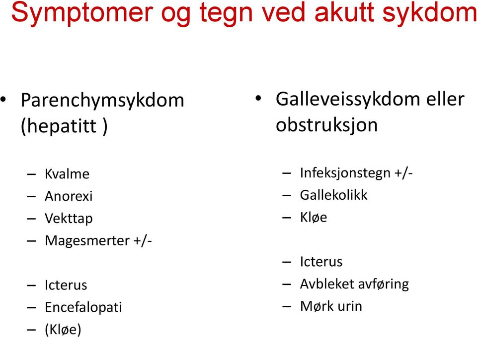 Anorexi Vekttap Magesmerter +/- Icterus Encefalopati