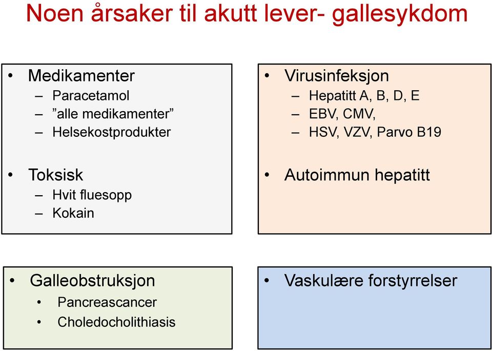 CMV, HSV, VZV, Parvo B19 Toksisk Hvit fluesopp Kokain Autoimmun hepatitt